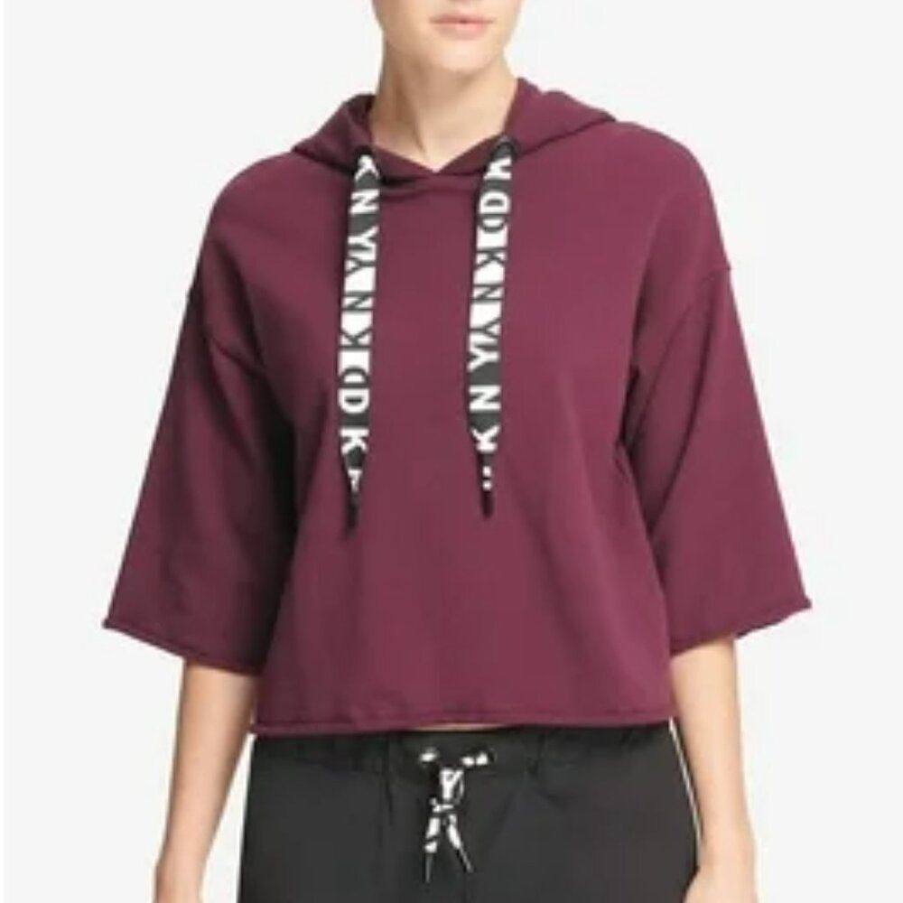 DKNY SPORT Womens Cropped Logo Sleeve Hoodie Dark Red Medium